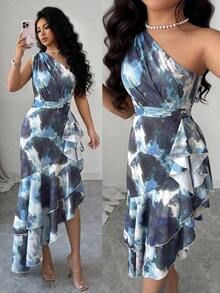 Vestido de mujer con un hombro, estampado teñido difuminado y diseño de volantes en el bajo irregular, vestido de primavera/verano, diseño de bajo irregular, elegante y de moda, adecuado para uso diario, bodas, banquetes, viajes diarios, fiestas de graduación, eventos festivos, vacaciones - Azul - Ver 3