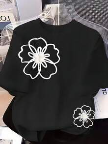Camiseta femenina de cuello redondo con estampado por sublimación térmica, estilo tierno y juvenil, ideal para mamás dulces y perfecta para el Día de la Madre. - Negro - Ver 1