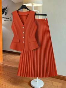 Conjunto de 2 piezas de chaleco sin mangas naranja con hebilla metálica y bolsillos falsos, que ciñe la cintura + falda larga plisada de talla grande para primavera/verano - Naranja - Ver 9