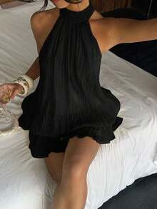 MEXAloruh Vestido mini elegante de gasa con lazo en el cuello en color amarillo mantequilla para mujer, vestido para citas, vestido para salir de noche, vestidos de verano para mujer, atuendos para luna de miel, vestido de invitada de boda, atuendos para vacaciones en la isla, vestidos de fiesta elegantes, vestidos de cumpleaños para mujerMEX 2MZE - Negro - Ver 6