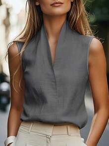 Camiseta sin mangas casual/de trabajo para mujer, estilo europeo y americano, ropa de ocio elegante en beige, azul, rosa, verde para el verano - Gris Oscuro - Ver 1