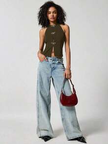 Top de tirantes de corte regular y unicolor sin mangas y escote trasero para mujer - Verde militar - Ver 6