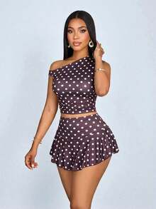 Conjunto moderno y elegante de 2 piezas con lunares, adecuado para fiestas, vuelta al colegio, vacaciones en la playa, cumpleaños, color marrón, primavera/verano - Blanco - Ver 11