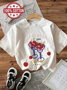 Camiseta de Mujer% Algodón, Estilo Casual de Primavera y Verano para Mujer con Estampado de Cerezas y Copa de Vino, Manga Corta, Cuello Redondo, DOLCEVITA 1999. Ligera, transpirable, éxito de  de verano. - Blanco - Ver 6