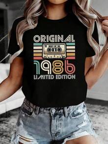 2026 new Camisetas Para Mujer Camiseta Original 1986 Edición Limitada Diseño Y2K Retro Grabadora Perfecta para Amantes de la Moda Vintage Ideal para Uso Diario  2023 Estilo Único y Confortable Ideal para Regalos y Ocasiones Especiales - Negro - Ver 1