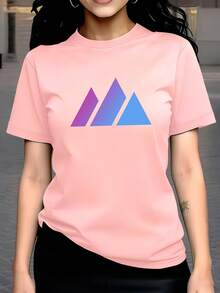 Top de mujer para primavera verano 100% casual de manga corta y cuello redondo, camiseta con estampado de diseño y patrón geométrico - Rosa - Ver 1