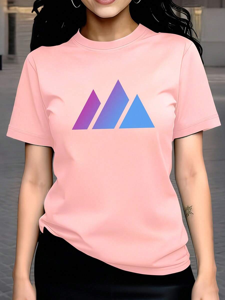 Top de mujer para primavera verano 100% casual de manga corta y cuello redondo, camiseta con estampado de diseño y patrón geométrico - Rosa - Ver 1