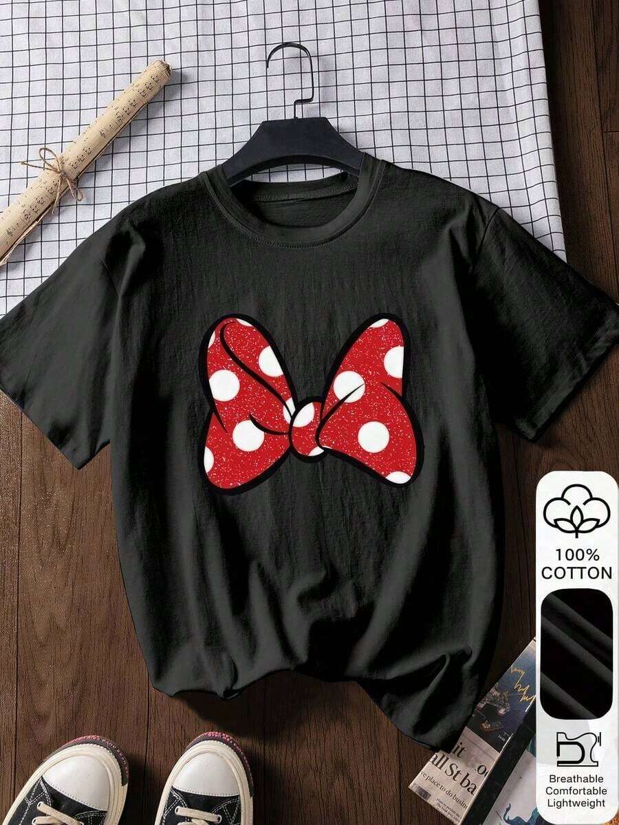 100% Cotton Short-Sleeved T-Shirt With Red Polka Dot Print And Bow, For Chinese New Year, Lunar New Year, Year Of The Horse, Spring Festival, Happy New Year, Valentine's Day, Casual White - 黑色 - 查看 1