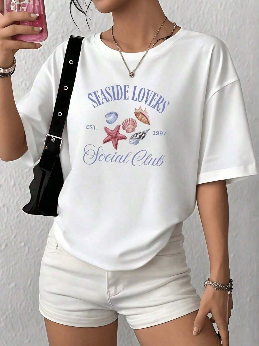 100% Cotton. Seashells And Starfish, Symbols Of Free Love By The Ocean, Evoking Peace And Connection With Nature. Women's 100% Cotton T-Shirt, Soft And Comfortable For Everyday Wear. Women's Simple Solid Color T-Shirt, Loose And Slim Fit Casual Short Sleeve - 白色的 - 查看 1