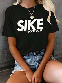 100% Cotton, 1 Piece. Funny Lazy Quote T-Shirt, "Sike Don't Do It". 100% Soft Cotton. Women's Simple Solid Color T-Shirt, Loose And Slim Fit Casual Short Sleeve - 黑色 - 查看 1
