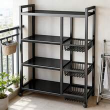 1pc Storage Rack, Integrated Storage Rack, Four-Layer Design, Plus 3 Basket Storage Parts, Garage Tool Storage Rack, With Wheels For Easy Movement - Black - View 1