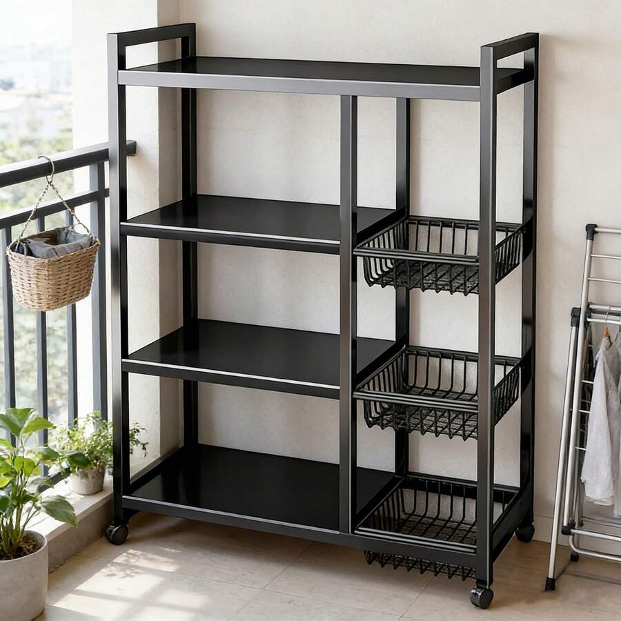 1pc Storage Rack, Integrated Storage Rack, Four-Layer Design, Plus 3 Basket Storage Parts, Garage Tool Storage Rack, With Wheels For Easy Movement - Black - View 1