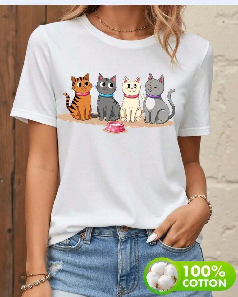 100% Pure Cotton, Breathable And Gentle On The Skin. Classic Crew Neck Design, Slim Fit, And Flattering For All Body Types. Fashionable Print With A Minimalist Style And High-Quality Finish. Unisex Design Perfect For Matching Outfits, Ideal For Everyday Wear, Dates, Leisure, And Streetwear – Versatile And Timeless. - 白色 - 查看 1