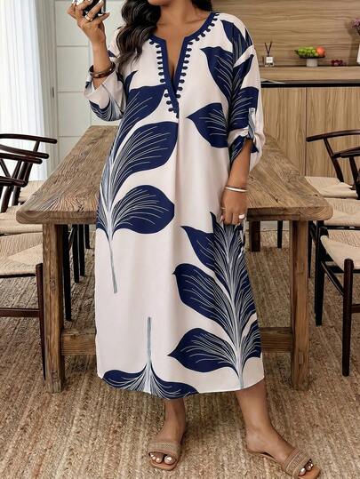 Đầm CHARIS cỡ lớn cổ chữ V in họa tiết lá nhiệt đới phong cách Bohemian, tay xắn, dáng rộng midi thoải mái, thích hợp cho kỳ nghỉ, đi biển, mặc hàng ngày và mùa hè.