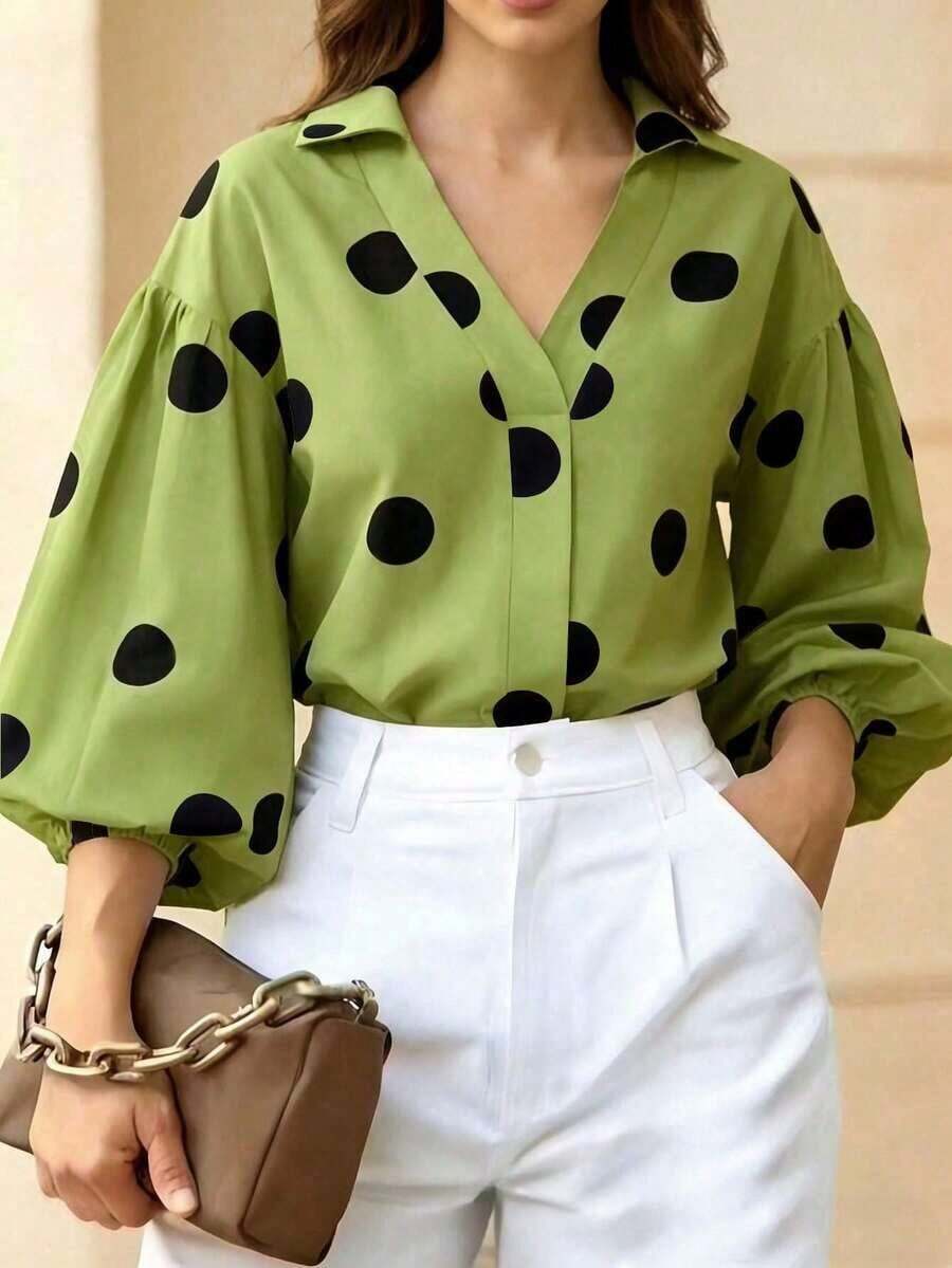 Elegant Polka Dot Blouse With Lantern Sleeves, Button Front, And V-Neck, Suitable For The Office And Casual Wear - Spring/Summer, Beach Vacation, Summer Holiday - Black - 綠色的 - 查看 1