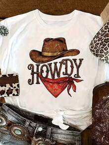 Women's HOWDY Print T-Shirt - Brown Cowboy Hat And Red Bandana Print, Bohemian Style, Short Sleeves, Crew Neck, Machine Washable, Spring/Summer T-Shirt, Western Style Clothing, Bold Lettering Design, Suitable For All Seasons. Elegant Party Outfit, Stylish Ladies' T-Shirt, Blouses Suitable For Curvy Women, Prom Skirts, Casual Wear. Adorable Animal Print, Fun Lettering Print. - 白色 - 查看 1