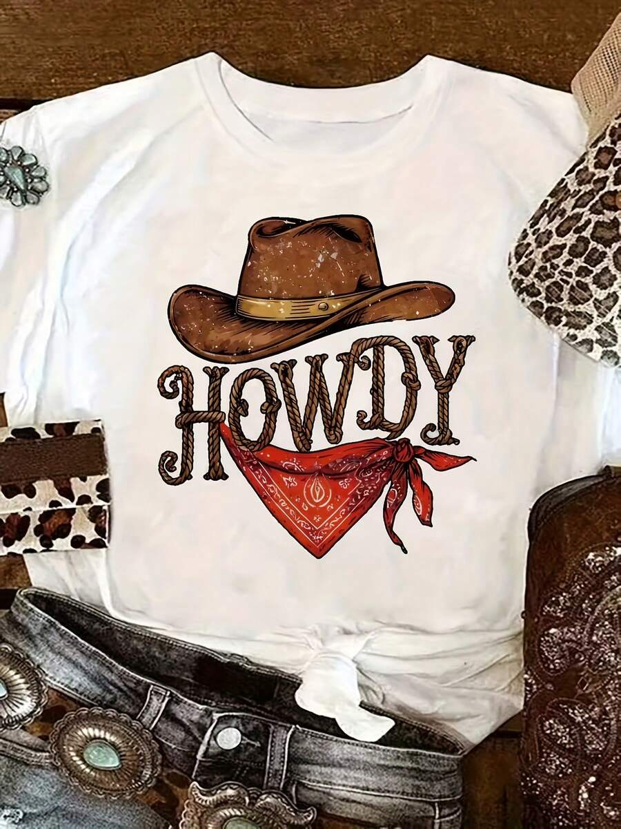 Women's HOWDY Print T-Shirt - Brown Cowboy Hat And Red Bandana Print, Bohemian Style, Short Sleeves, Crew Neck, Machine Washable, Spring/Summer T-Shirt, Western Style Clothing, Bold Lettering Design, Suitable For All Seasons. Elegant Party Outfit, Stylish Ladies' T-Shirt, Blouses Suitable For Curvy Women, Prom Skirts, Casual Wear. Adorable Animal Print, Fun Lettering Print. - 白色 - 查看 1