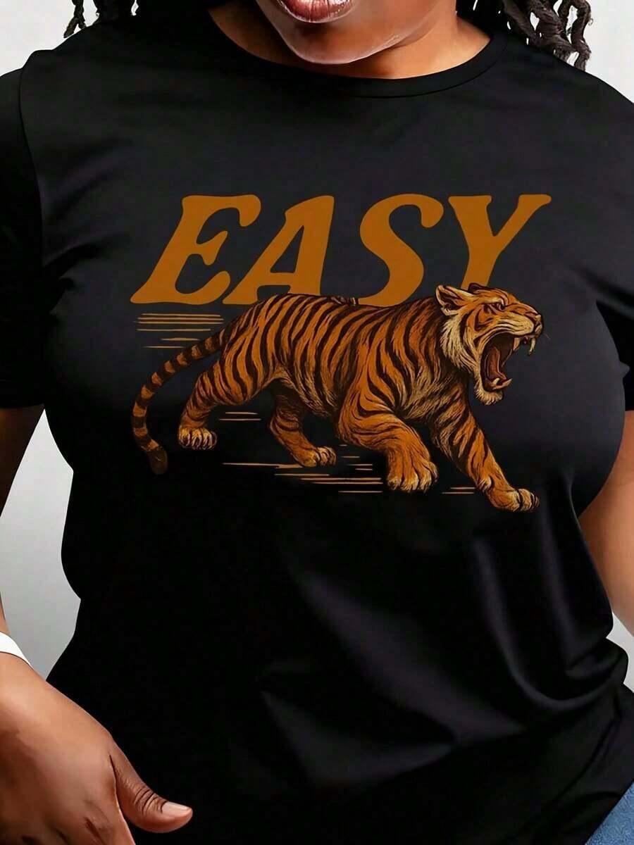 Women's T-Shirt With Roaring Tiger Print, Bold Stripes And Intense Gaze, Casual Short Sleeve T-Shirt For Everyday Outdoor Wear, Suitable For Any Occasion, Perfect As A Birthday Gift, Wear In All Seasons, Casual Blouse For Women, Cotton T-Shirts For Women - 黑色 - 查看 1