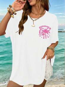Plus Size Short-Sleeved T-Shirt With Letter Print, Round Neck, Casual, Multifunctional, Urban Vintage Style, Unisex, Loose Fit, Cotton Blouses For Women. Casual Blouses For Ladies. - 白色 - 查看 2