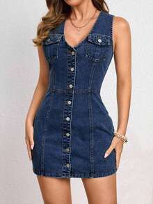 Women Denim Dresses - Dark Washed Blue - View 7