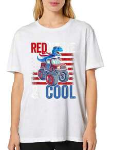 Women's Short Sleeve Crew Neck T-Shirt With Cool Red Dinosaur Monster Truck Print S-3XL Fashionable, Comfortable And Breathable, Machine Washable - 白色 - 查看 1