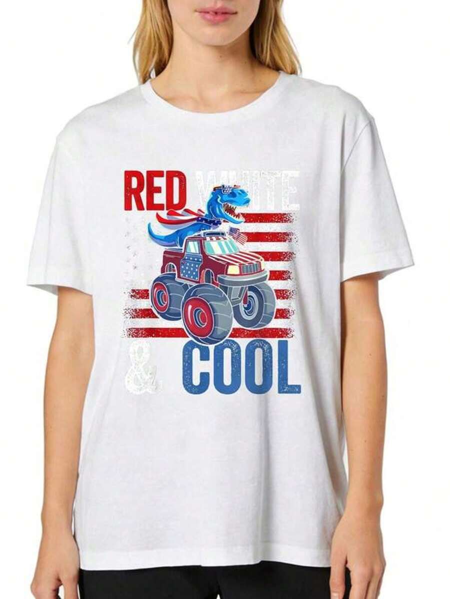 Women's Short Sleeve Crew Neck T-Shirt With Cool Red Dinosaur Monster Truck Print S-3XL Fashionable, Comfortable And Breathable, Machine Washable - 白色 - 查看 1