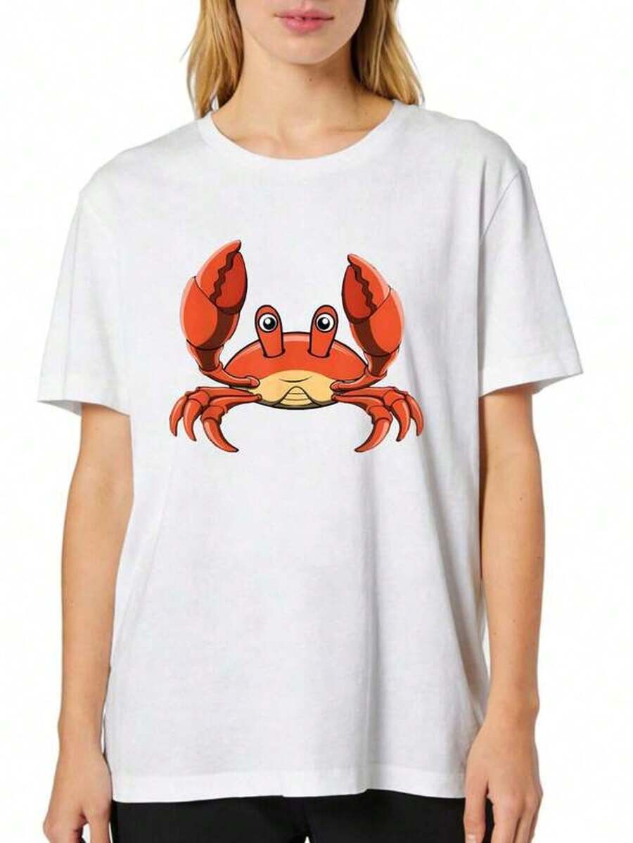 Camiseta de manga corta con cuello redondo y estampado para mujer Diseño de Cangrejo en Dibujo Animado Impreso en Camiseta S-3XL moda, cómodo y transpirable Unio lavable a máquina