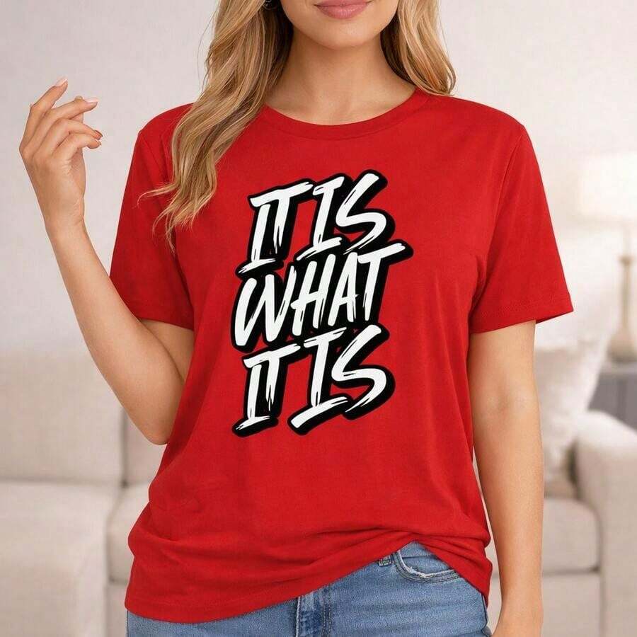 Women's Summer Cool Cotton T-Shirt, Casual, Sizes 0XL-5XL, "IT IS WHAT IT IS" Graphic Print, Short Sleeve, Round Neck, Casual Loose Fit, Soft And Comfortable T-Shirt, Basic Top For Everyday Wear, Fashion Clothing - 紅色 - 查看 1