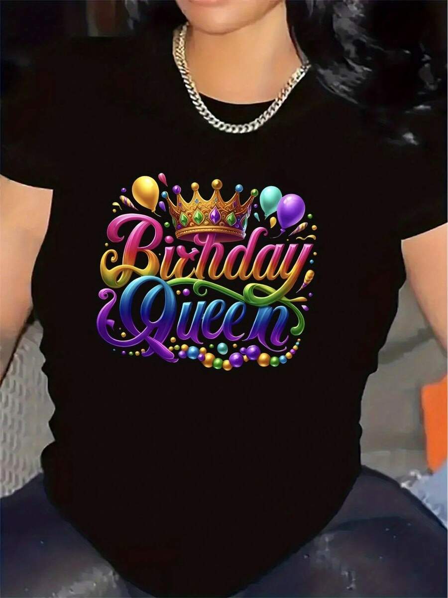 Birthday Queen T-Shirt | Lightweight And Durable Fabric, Ideal For Celebrations In The Dining Room Or Living Room, Comfortable Fit, T-Shirt With Festive Balloon And Crown Print, Round Neck, Medium Stretch Fabric, Everyday Wear. - 黑色 - 查看 1