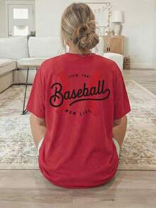 1 Piece [Double-Sided Print] Women's T-Shirt, Casual Short-Sleeved Round Neck Top, With Baseball-Style Stitching And The Print "LIVIN' THAT MOM LIFE", Machine Washable, Suitable For Casual Wear, Multi-Purpose Clothing, Fashionable And  T-Shirt, Comfortable Material, 100% Cotton For Style Enthusiasts. - 紅色 - 查看 3