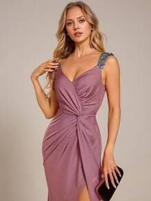 EVERPRETTY Spring Women's Elegant Sequin Open Shoulder V-Neck Ruched High Waist Mermaid Maxi Dress, Formal Dinner, Birthday Party, Holiday Party Wedding - Dusty Pink - View 7