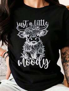 Women's T-Shirt With A Slightly Grumpy Cow Print, Cute Animal Design, Black T-Shirt With Floral Crown And Beard Print, Fun Casual Top For Everyday Wear, Rustic Style, Gift For Cow Lovers - 黑色 - 查看 1