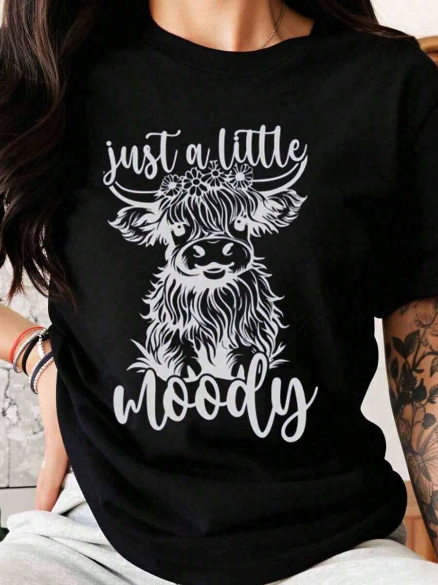Women's T-Shirt With A Slightly Grumpy Cow Print, Cute Animal Design, Black T-Shirt With Floral Crown And Beard Print, Fun Casual Top For Everyday Wear, Rustic Style, Gift For Cow Lovers - 黑色 - 查看 1