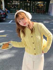 New Solid V-Neck Casual Loose Knit Sweater For Women, Spring/Autumn - Yellow - View 1