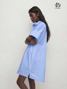 Vestido de algodón holgado con cuello mao, botones delanteros y color bliso liso para mujer. Estilo minimalista básico para uso diario, ir al trabajo, casual de negocios y oficina. - Azul - Ver 7