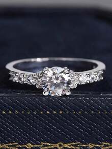 Anillos de pareja con forma geométrica redonda de cuatro garras y circonita cúbica, regalo de joyería para uso diario de las mujeres - Blanco - Ver 2