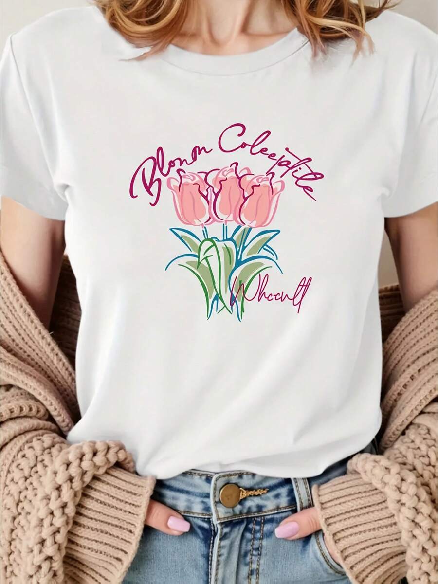 Women's Soft And Breathable Pure Cotton Short-Sleeved T-Shirt With A Bright Red And Blue Hyacinth Floral Print. This Casual Crew Neck T-Shirt Is Made Of 180 Grams Of Natural Fiber And Is Machine Washable. Suitable For Spring And Summer. Features A Bright Hyacinth Design And Breathable Material. Also Available In Plain White. - 白色 - 查看 1