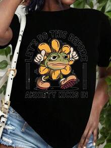 Breathable Motivational T-Shirt With Frog And Flower Design "Let's Do It Before Anxiety Appears" For Women And Men, Casual Graphic Design T-Shirt With Funny Phrase And Cartoon Drawings, Perfect For Everyday Wear And Gift Ideas, Women's Cotton T-Shirts, Premium Women's - 黑色 - 查看 1