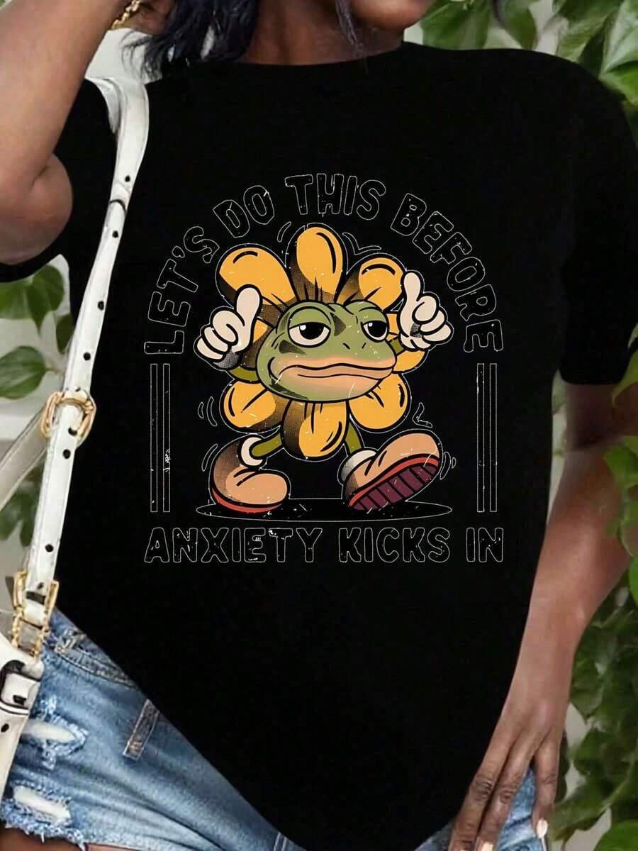 Breathable Motivational T-Shirt With Frog And Flower Design "Let's Do It Before Anxiety Appears" For Women And Men, Casual Graphic Design T-Shirt With Funny Phrase And Cartoon Drawings, Perfect For Everyday Wear And Gift Ideas, Women's Cotton T-Shirts, Premium Women's - 黑色 - 查看 1