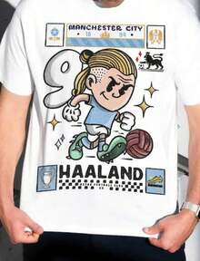 Round Neck T-Shirts With Cartoon Graphic Print Of Football Players, Non-Christmas Themed, Y2K Style, With Name And Text Printing, Short Sleeve, Casual Style, Standard Fit, Suitable For Autumn And Winter, Machine Washable, Soft, Ideal For Fan Meetings And Casual Wear, Women's T-Shirts. - 白色 2 - 查看 6