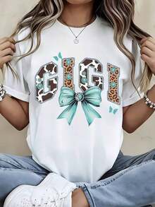 1 Piece Of Women's White T-Shirt With Leopard Print And Bow, Round Neck, Casual Cotton T-Shirt, Medium Elasticity Knit Fabric, Regular Fit For Ladies, Ideal For Spring/Summer/Autumn. - 白色 - 查看 1
