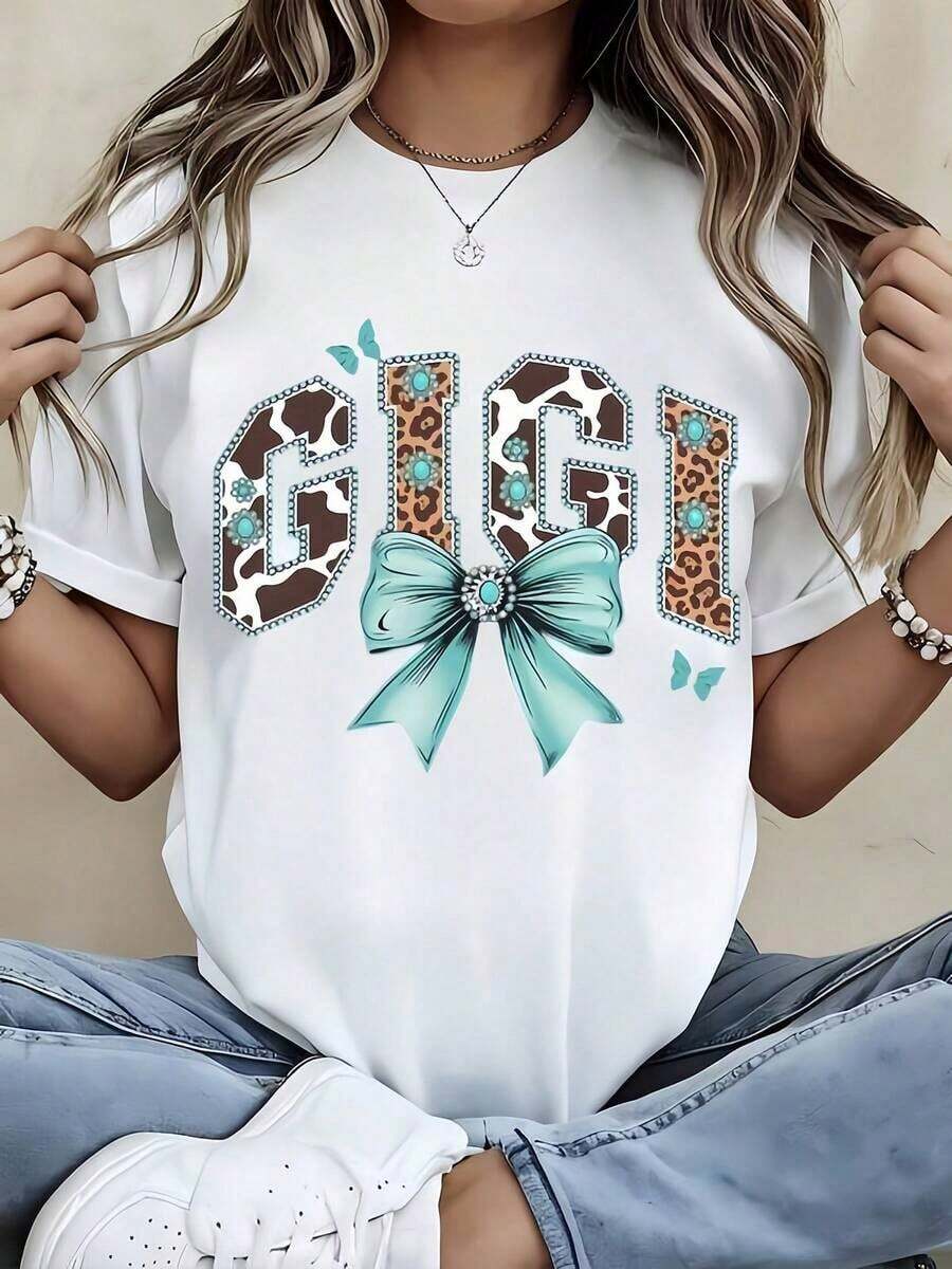 1 Piece Of Women's White T-Shirt With Leopard Print And Bow, Round Neck, Casual Cotton T-Shirt, Medium Elasticity Knit Fabric, Regular Fit For Ladies, Ideal For Spring/Summer/Autumn. - 白色 - 查看 1