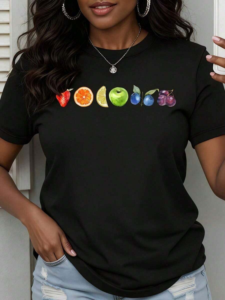 Women's Casual Fruit Print T-Shirt, Short Sleeve Top, Artistic Design, Summer Fashion - 黑色 - 查看 1