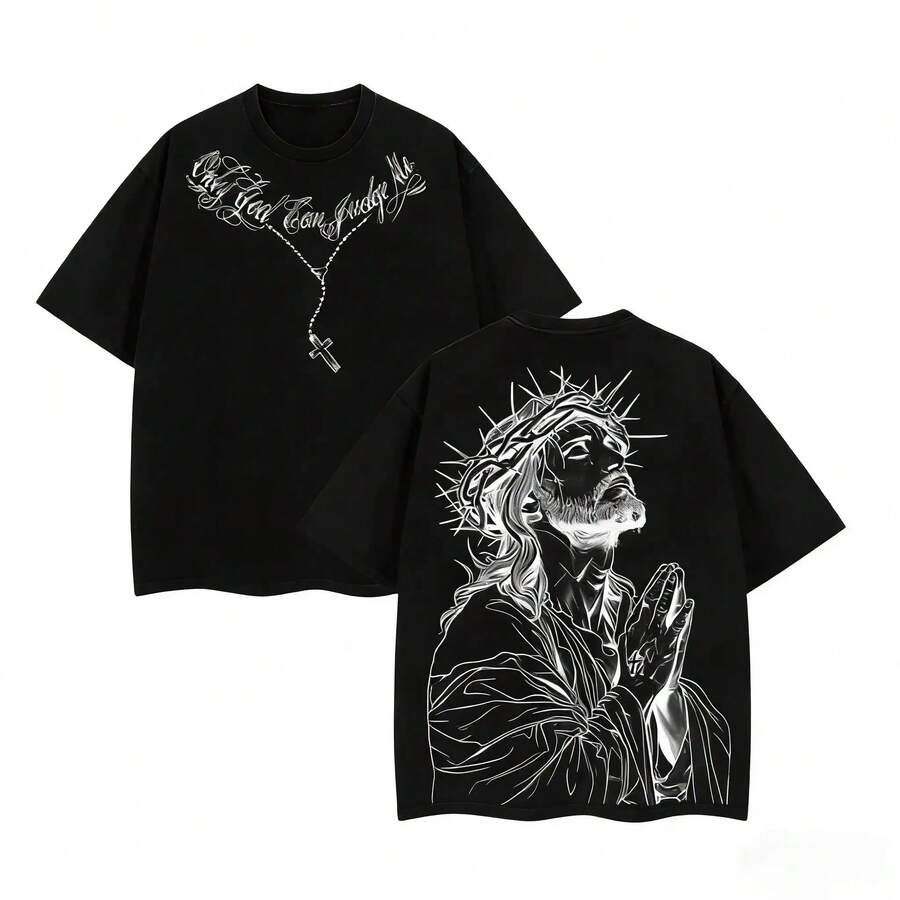 Playera "Only God Can Judge Me" Unisex | Playera de 100% algodón unisex Estampado de Jesús con Corona de Espinas y Rosario | Camiseta de Algodón Negro para Hombre y Mujer | Tallas S-3XL | Ropa Urbana Espiritual Trendy - Negro - Ver 1