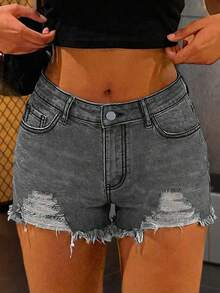 Women's Distressed Elastic Denim Shorts, Casual Street Style With Pockets For Spring/Summer Daily Wear - Light Grey - View 2