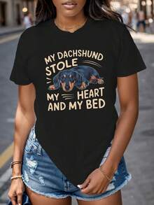 Women's Casual Sports T-Shirt With Colorful Dachshund Graphic And Text - Black Elastic Crew Neck T-Shirt, Machine Washable, Comfortable Fit For All Seasons, Perfect For Everyday Wear. - 黑色 - 查看 6