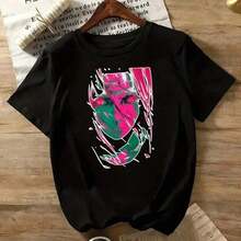 Women's Cotton T-Shirt With Anime Graphic Print, Short Sleeves, Round Neck, Casual Design With Cute Girl Sleeves, Comfortable, Suitable As A Gift. Women's T-Shirt. Blouses>Elegant. Boho Chic. Soft, Breathable, And Comfortable Women's Top, Ideal For Spring, Summer, And Autumn, Perfect For Vacations, Travel, And Everyday Wear. - 黑色 3 - 查看 7