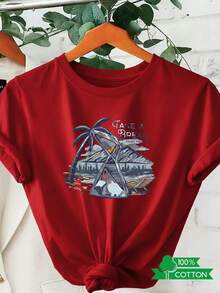 New 2026 Collection: Cotton T-Shirt With Letter And Anime Print, Women's Round Neck T-Shirt With Simple Design, Comfortable And Breathable, Suitable For Casual Daily Wear, Showing A Natural And Elegant Style, A Must-Have For Summer Parties, Local Shipping, Lightweight Cotton With Palm Tree And Clock Print. - 紅色 - 查看 12