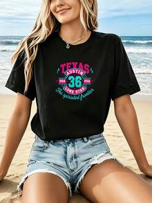 Camiseta estampada para mujer con diseño Texas Rustin - Camiseta casual de manga corta y cuello redondo, corte relajado para todas las estaciones, perfecta para uso diario y conjuntos de vacaciones, combínala con shorts de mezclilla desgastados, lavable aáquina. - Negro - Ver 1