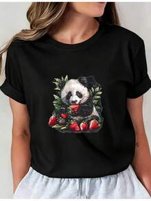 Camiseta Deportiva Casual para Mujer con Ilustración de Panda y Diseño de Fresas - Camiseta Negra Elástica de Cuello Redondo, Lavable aáquina, Ajuste Cómodo y Apta para Todas las Estaciones, para Amantes de los Animales y Frutas. - Negro - Ver 6